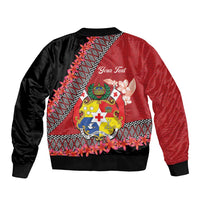 Personalised Tonga Language Week Sleeve Zip Bomber Jacket Malo e Lelei Tongan Ngatu Pattern - Red LT14 - Polynesian Pride
