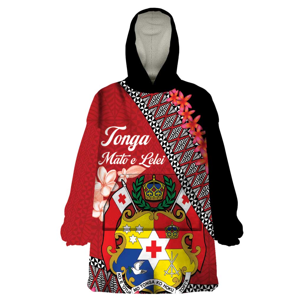 Personalised Tonga Language Week Wearable Blanket Hoodie Malo e Lelei Tongan Ngatu Pattern - Red