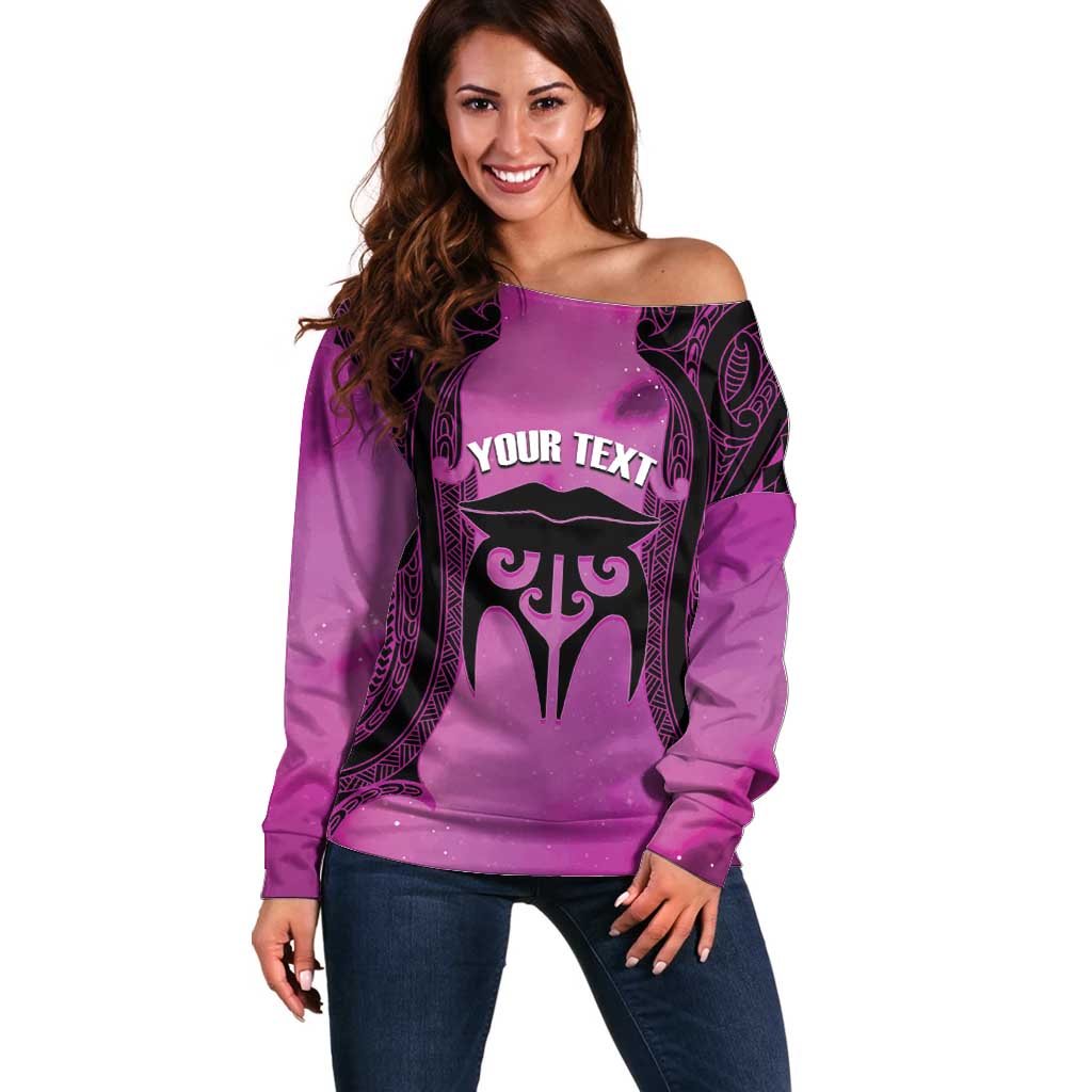 Personalised Moko Kauae New Zealand Off Shoulder Sweater Maori Chin Tattoo Pink LT14 Women Pink - Polynesian Pride
