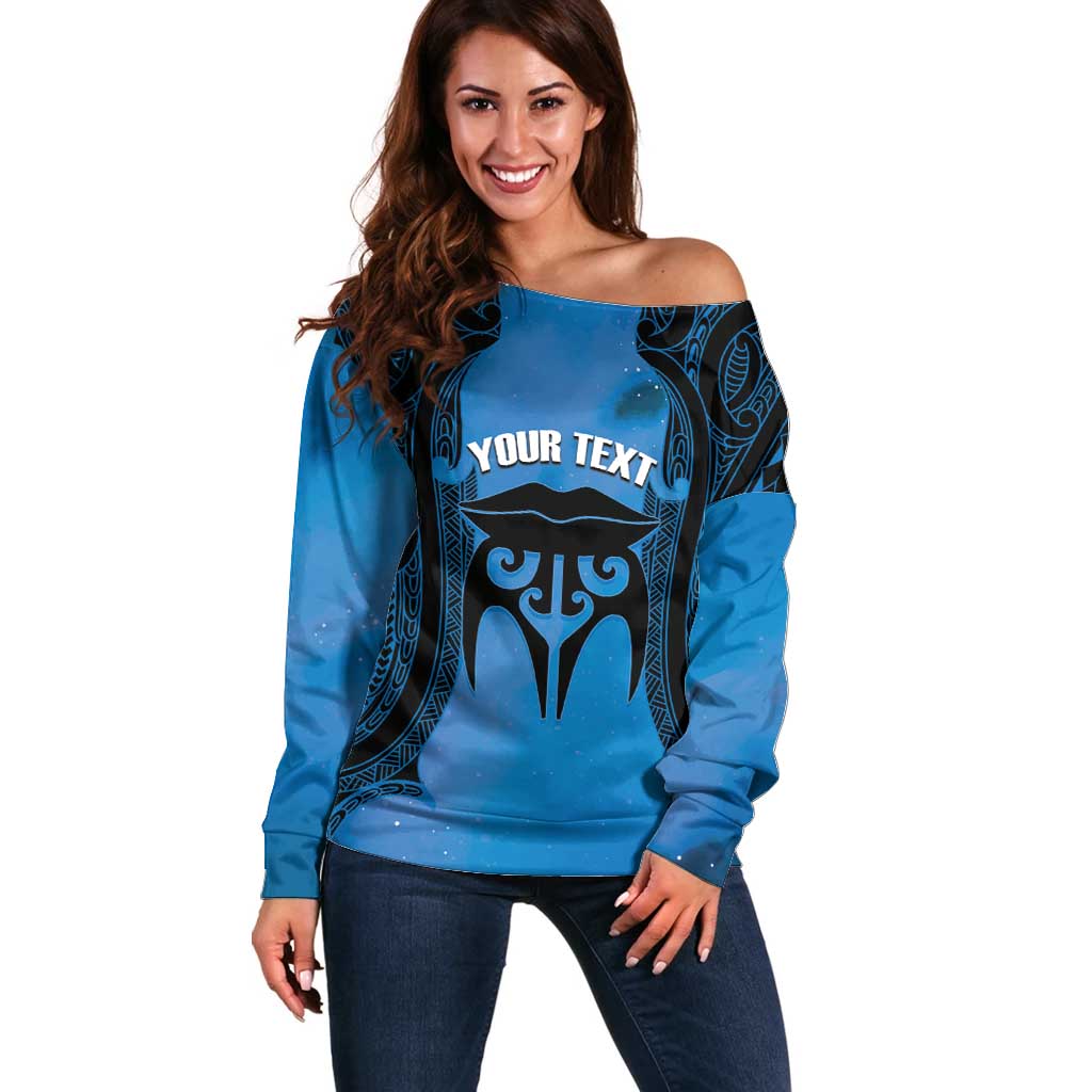 Personalised Moko Kauae New Zealand Off Shoulder Sweater Maori Chin Tattoo Blue LT14 Women Blue - Polynesian Pride