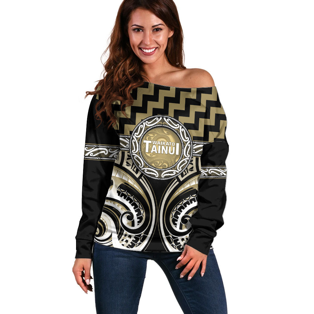 Aotearoa Waikato Tainui Personalised Off Shoulder Sweater Maori Iwi Poutama Puhoro Tattoo LT14 Women Old Yellow - Polynesian Pride