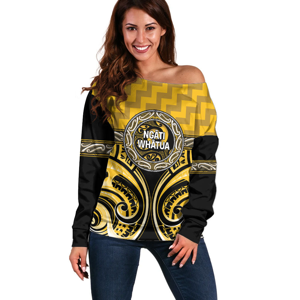 Aotearoa Ngati Whatua Personalised Off Shoulder Sweater Maori Iwi Poutama Puhoro Tattoo LT14 Women Yellow - Polynesian Pride