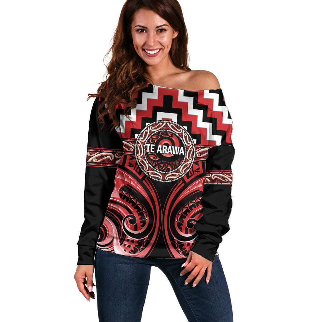 Aotearoa Te Arawa Personalised Off Shoulder Sweater Maori Iwi Poutama Puhoro Tattoo LT14 Women Red - Polynesian Pride