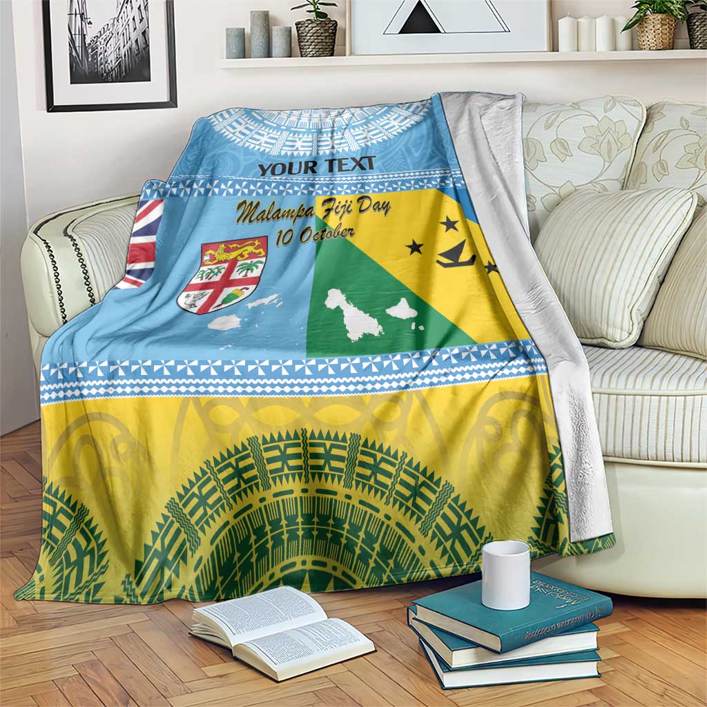 Personalised Malampa Fiji Day Blanket 10 October Fijian Tapa Flag Style LT14 Blue - Polynesian Pride