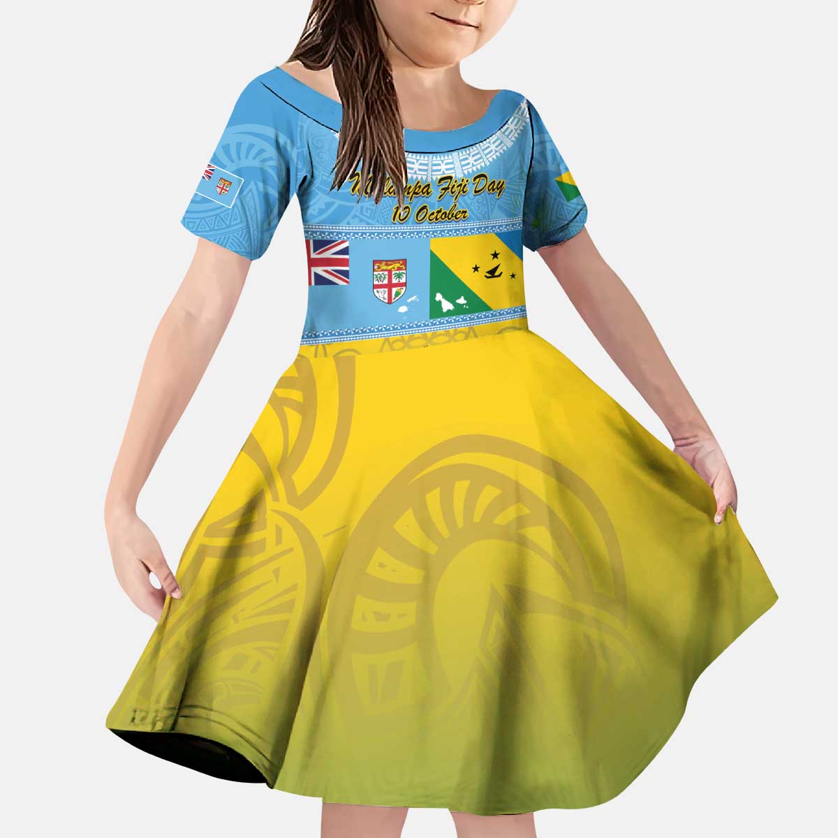 Personalised Malampa Fiji Day Kid Short Sleeve Dress 10 October Fijian Tapa Flag Style LT14 KID Blue - Polynesian Pride