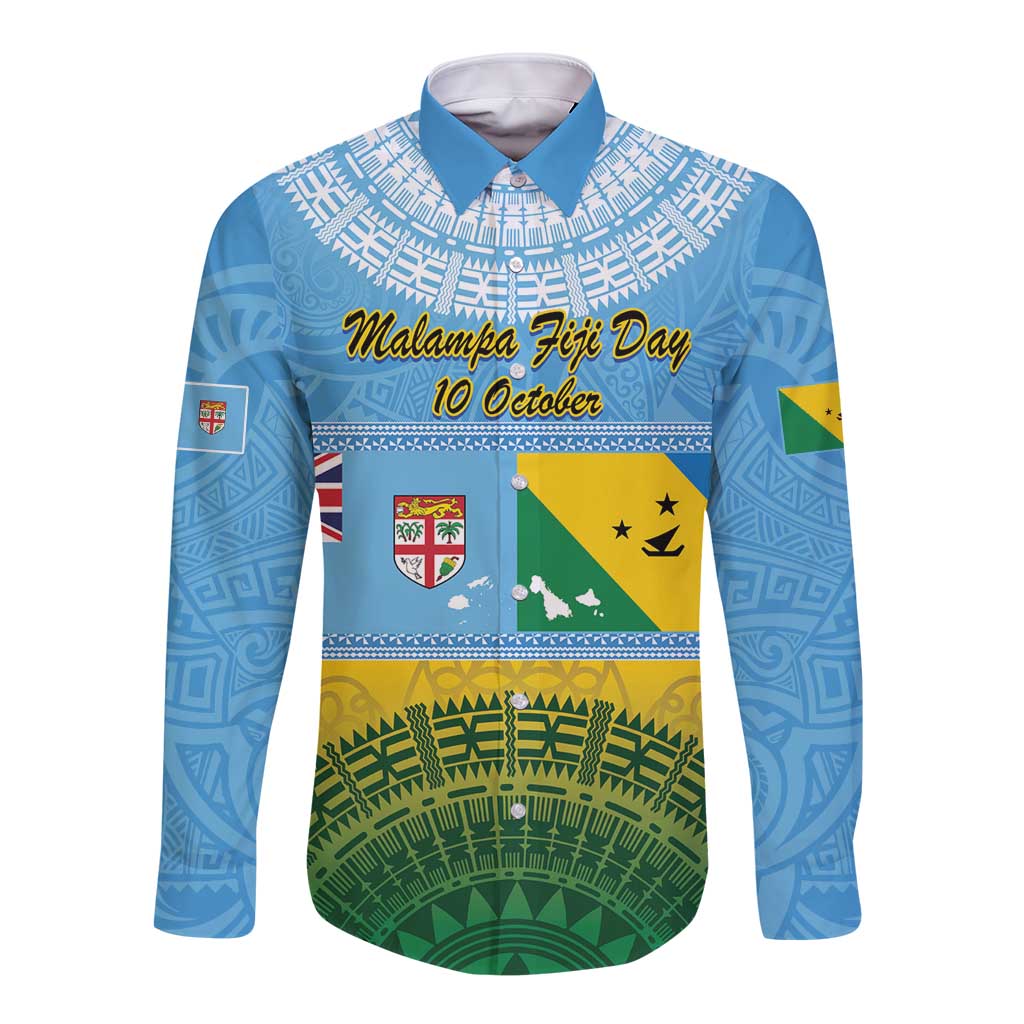 Personalised Malampa Fiji Day Long Sleeve Button Shirt 10 October Fijian Tapa Flag Style LT14 Unisex Blue - Polynesian Pride