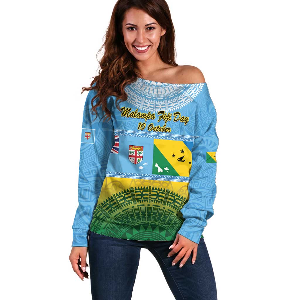 Personalised Malampa Fiji Day Off Shoulder Sweater 10 October Fijian Tapa Flag Style LT14 Women Blue - Polynesian Pride