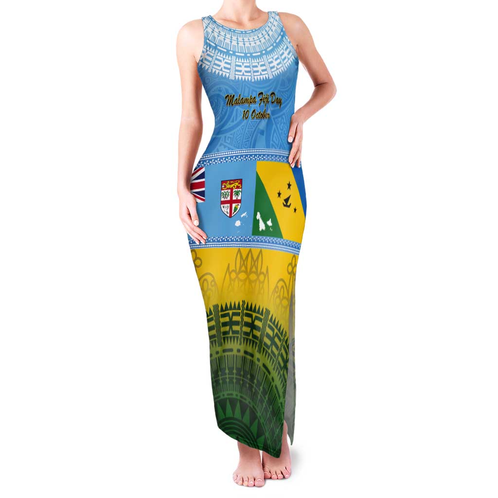 Personalised Malampa Fiji Day Tank Maxi Dress 10 October Fijian Tapa Flag Style LT14 Women Blue - Polynesian Pride