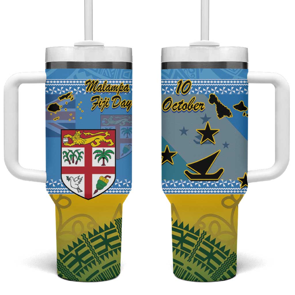 Malampa Fiji Day Tumbler With Handle 10 October Fijian Tapa Flag Style LT14 One Size: 40 oz Blue - Polynesian Pride