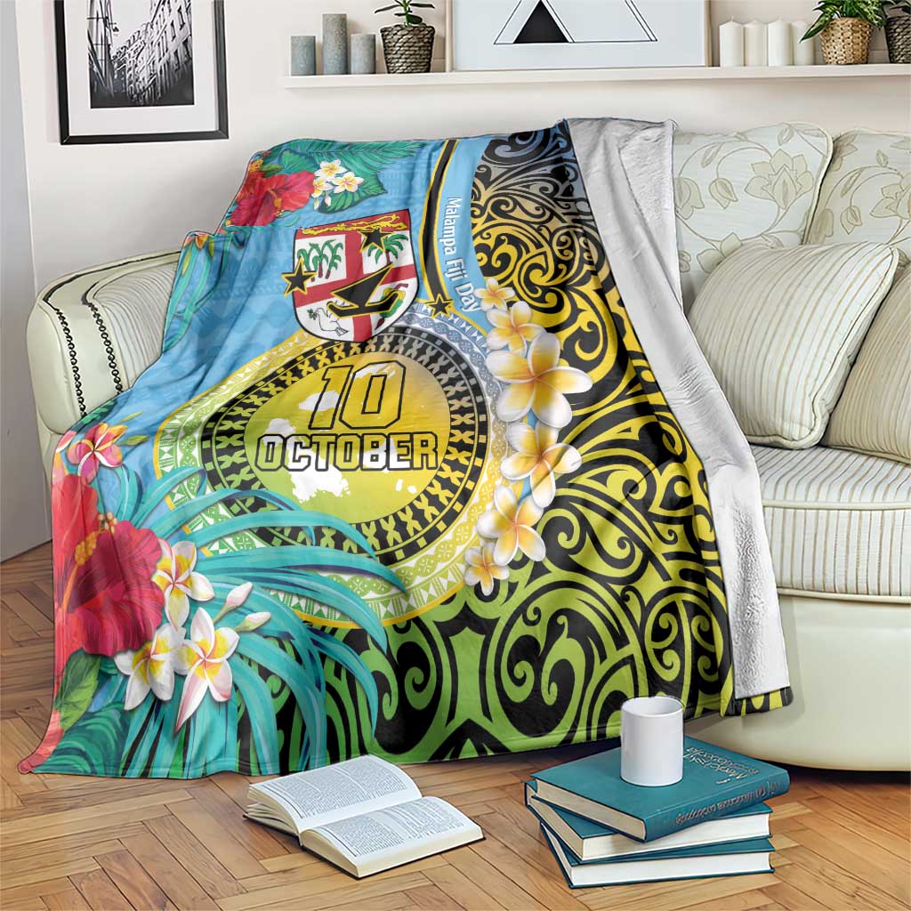 Vanuatu Malampa Fiji Day Blanket Happy 10 October With Maps Tropical Flowers LT14 Blue - Polynesian Pride