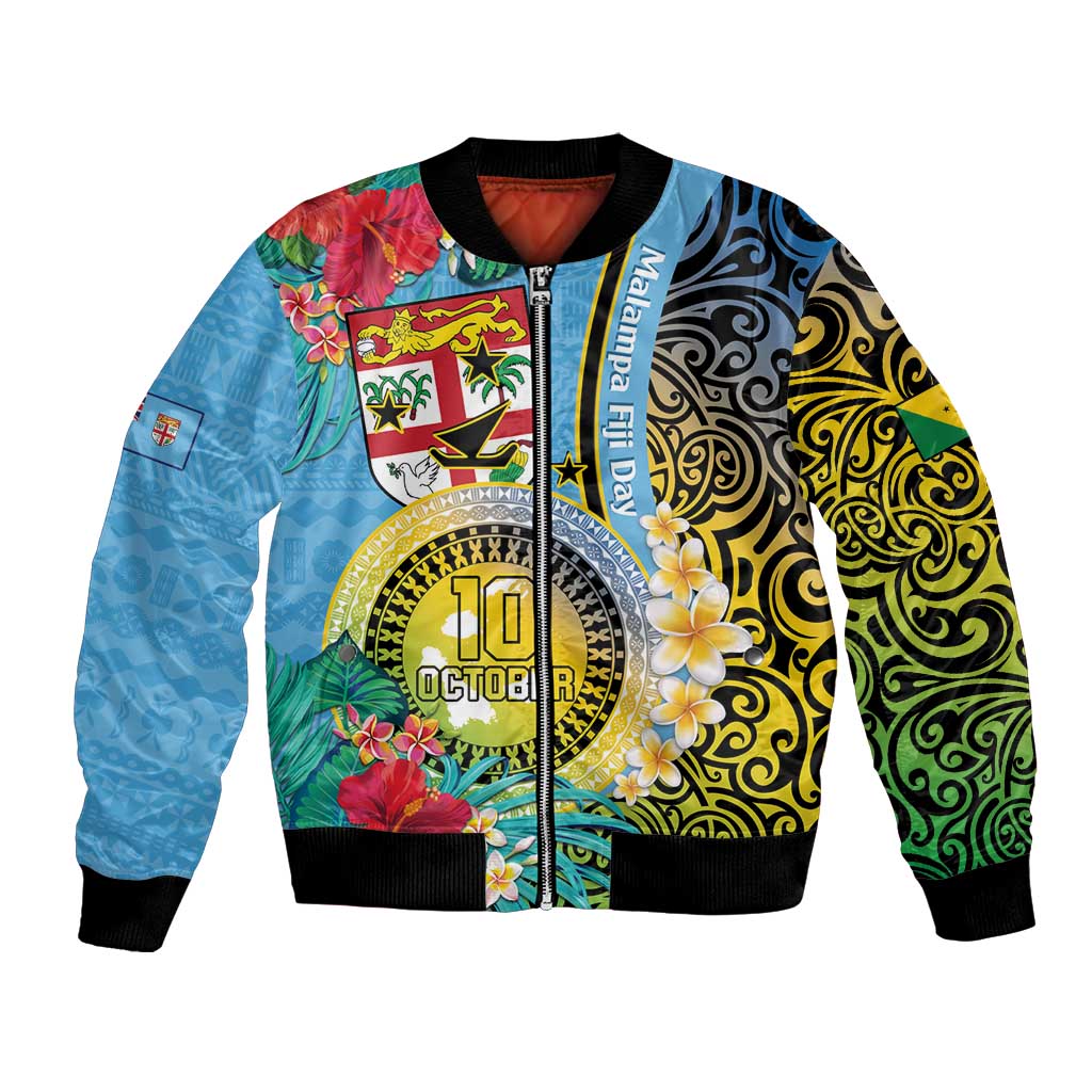 Vanuatu Malampa Fiji Day Bomber Jacket Happy 10 October With Maps Tropical Flowers LT14 Unisex Blue - Polynesian Pride