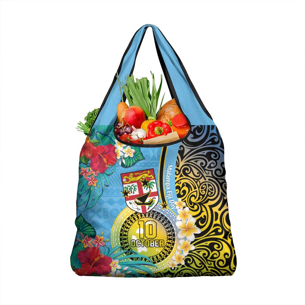 Vanuatu Malampa Fiji Day Grocery Bag Happy 10 October With Maps Tropical Flowers LT14 1-pack One Size Blue - Polynesian Pride