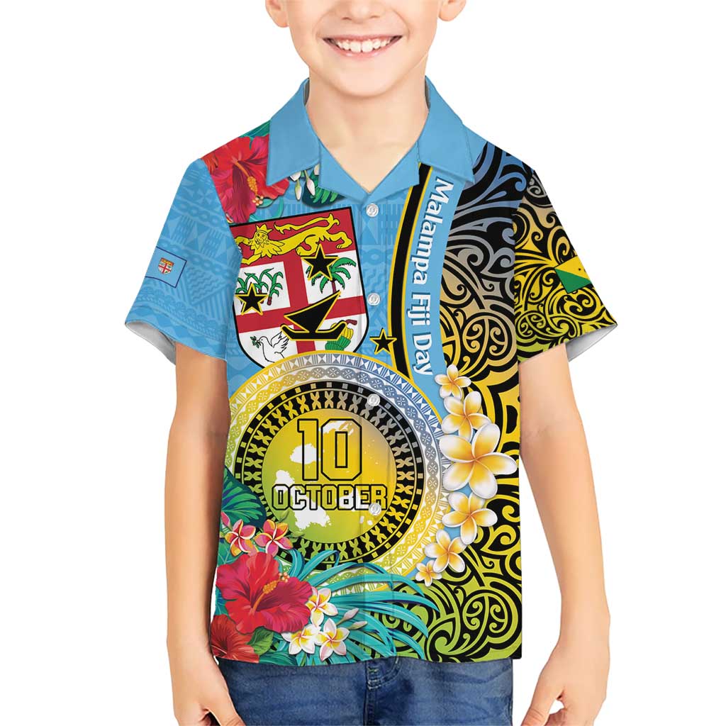 Vanuatu Malampa Fiji Day Kid Hawaiian Shirt Happy 10 October With Maps Tropical Flowers LT14 Kid Blue - Polynesian Pride