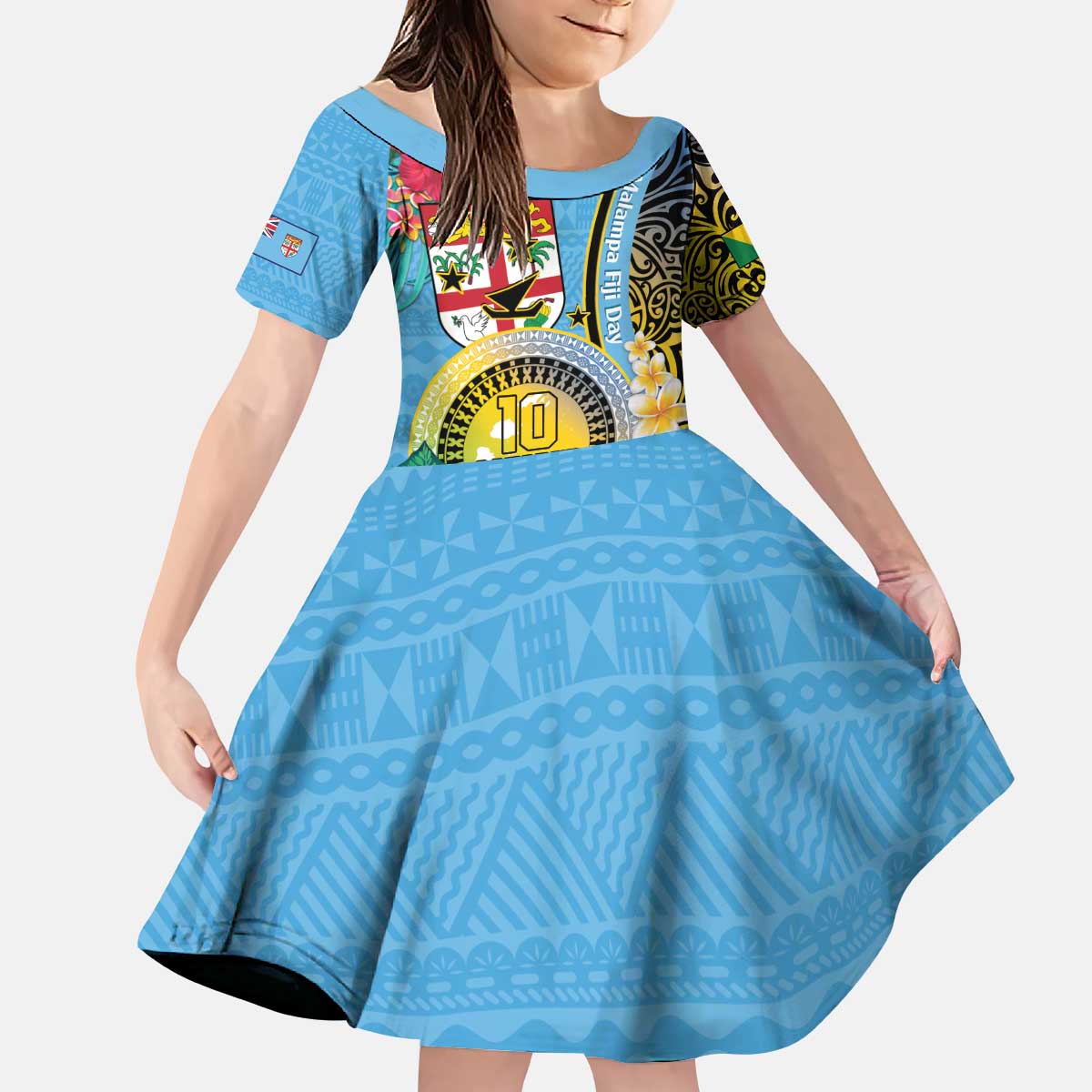 Vanuatu Malampa Fiji Day Kid Short Sleeve Dress Happy 10 October With Maps Tropical Flowers LT14 KID Blue - Polynesian Pride