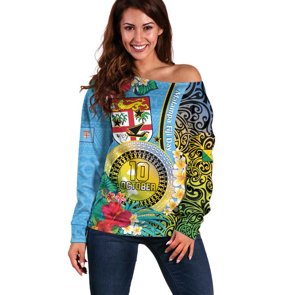 Vanuatu Malampa Fiji Day Off Shoulder Sweater Happy 10 October With Maps Tropical Flowers LT14 Women Blue - Polynesian Pride
