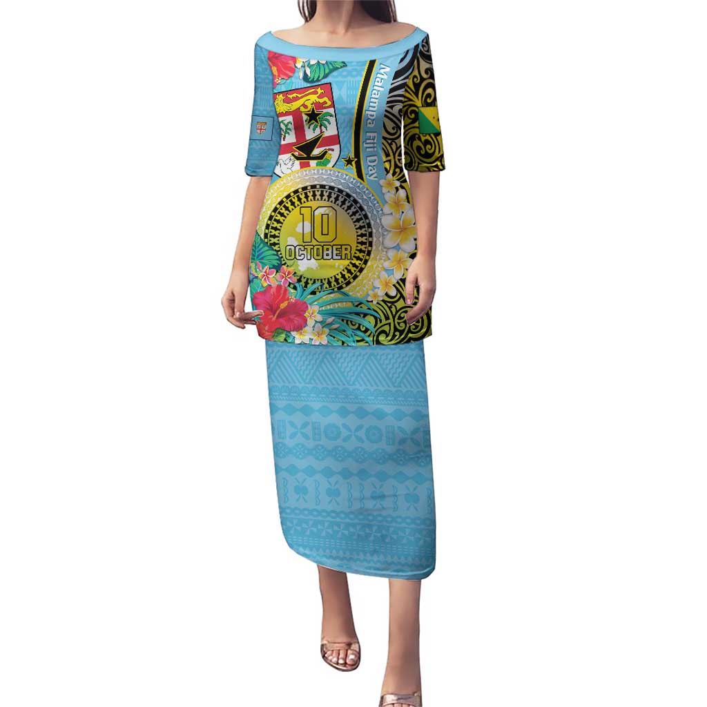 Vanuatu Malampa Fiji Day Puletasi Happy 10 October With Maps Tropical Flowers LT14 Long Dress Blue - Polynesian Pride