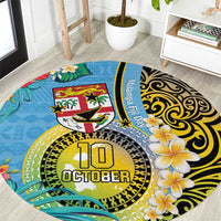 Vanuatu Malampa Fiji Day Round Carpet Happy 10 October With Maps Tropical Flowers LT14 Blue - Polynesian Pride