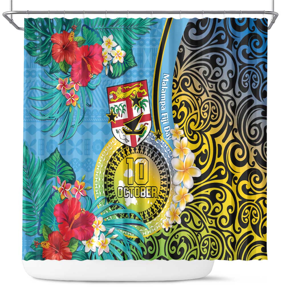 Vanuatu Malampa Fiji Day Shower Curtain Happy 10 October With Maps Tropical Flowers LT14 Blue - Polynesian Pride