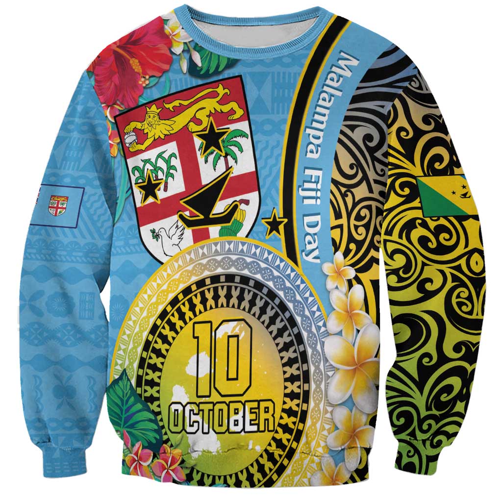 Vanuatu Malampa Fiji Day Sweatshirt Happy 10 October With Maps Tropical Flowers LT14 Unisex Blue - Polynesian Pride