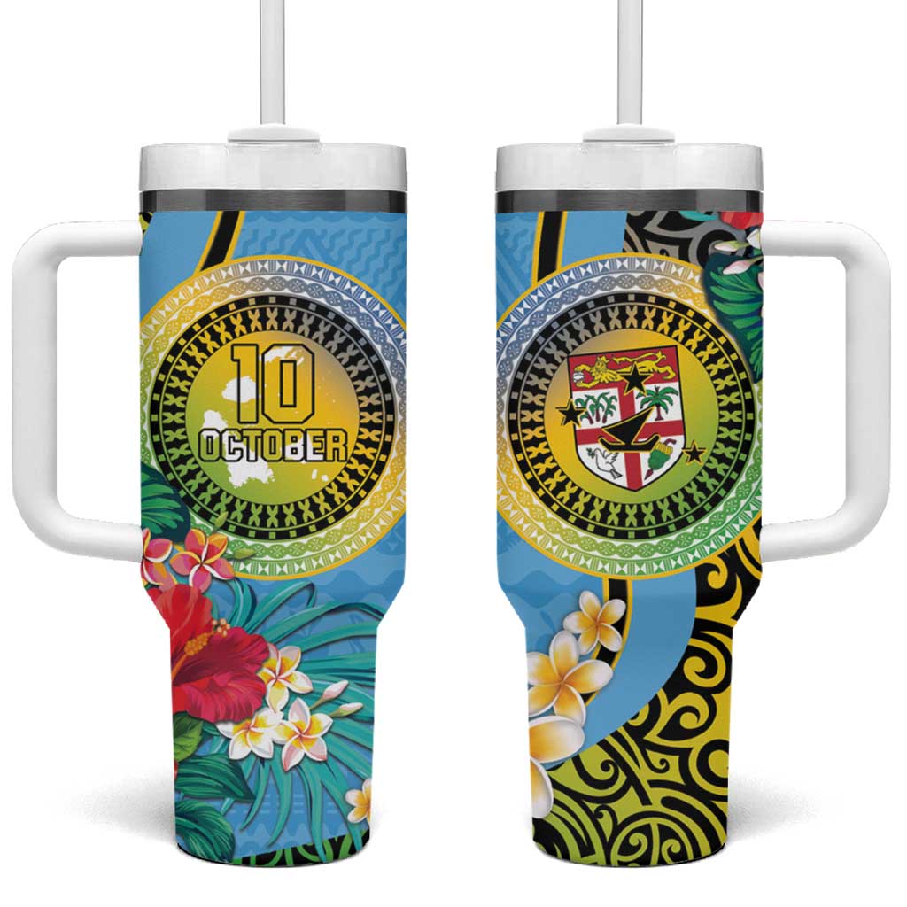 Vanuatu Malampa Fiji Day Tumbler With Handle Happy 10 October With Maps Tropical Flowers LT14 One Size: 40 oz Blue - Polynesian Pride