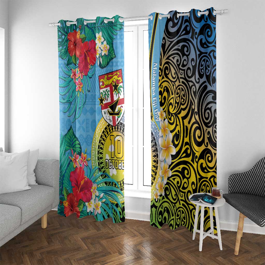 Vanuatu Malampa Fiji Day Window Curtain Happy 10 October With Maps Tropical Flowers LT14 With Grommets Blue - Polynesian Pride