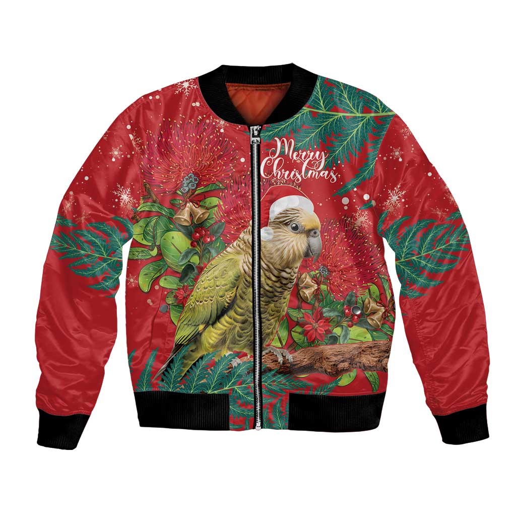 Personalised New Zealand Kakapo Christmas Bomber Jacket Meri Kirihimete Silver Fern Mix Pohutukawa