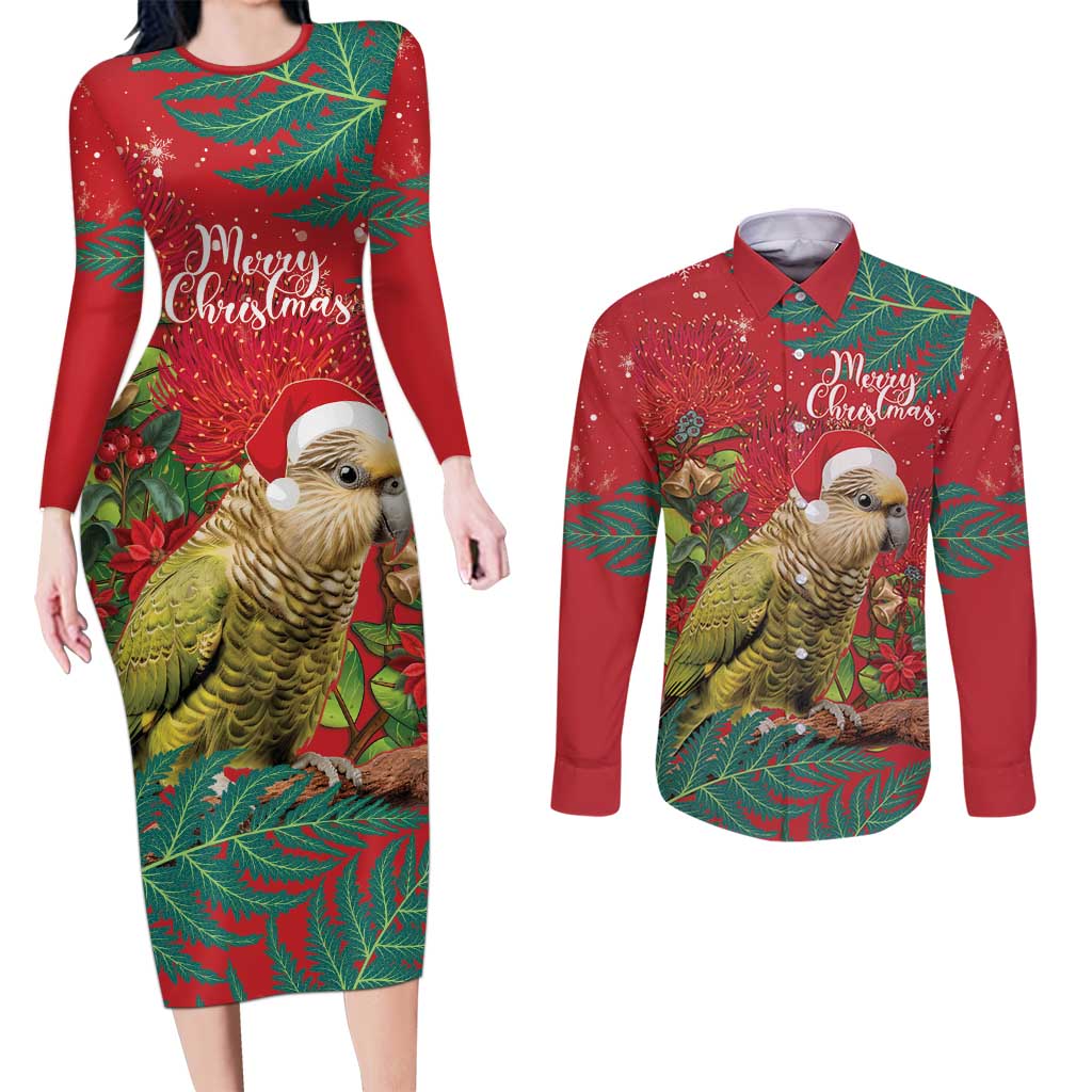 Personalised New Zealand Kakapo Christmas Couples Matching Long Sleeve Bodycon Dress and Long Sleeve Button Shirt Meri Kirihimete Silver Fern Mix Pohutukawa