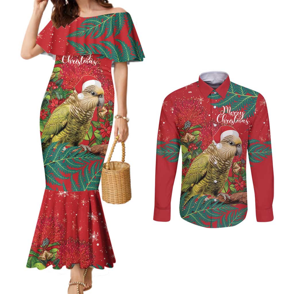 Personalised New Zealand Kakapo Christmas Couples Matching Mermaid Dress and Long Sleeve Button Shirt Meri Kirihimete Silver Fern Mix Pohutukawa