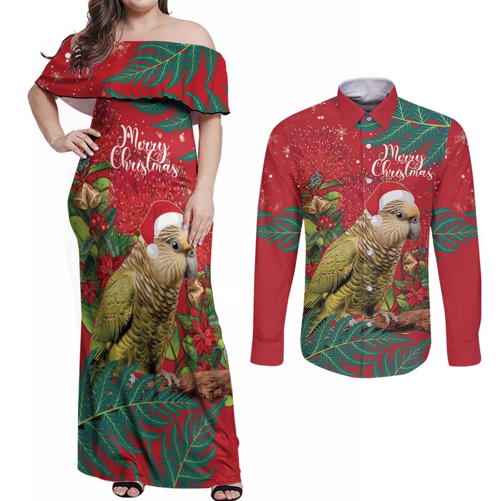 Personalised New Zealand Kakapo Christmas Couples Matching Off Shoulder Maxi Dress and Long Sleeve Button Shirt Meri Kirihimete Silver Fern Mix Pohutukawa