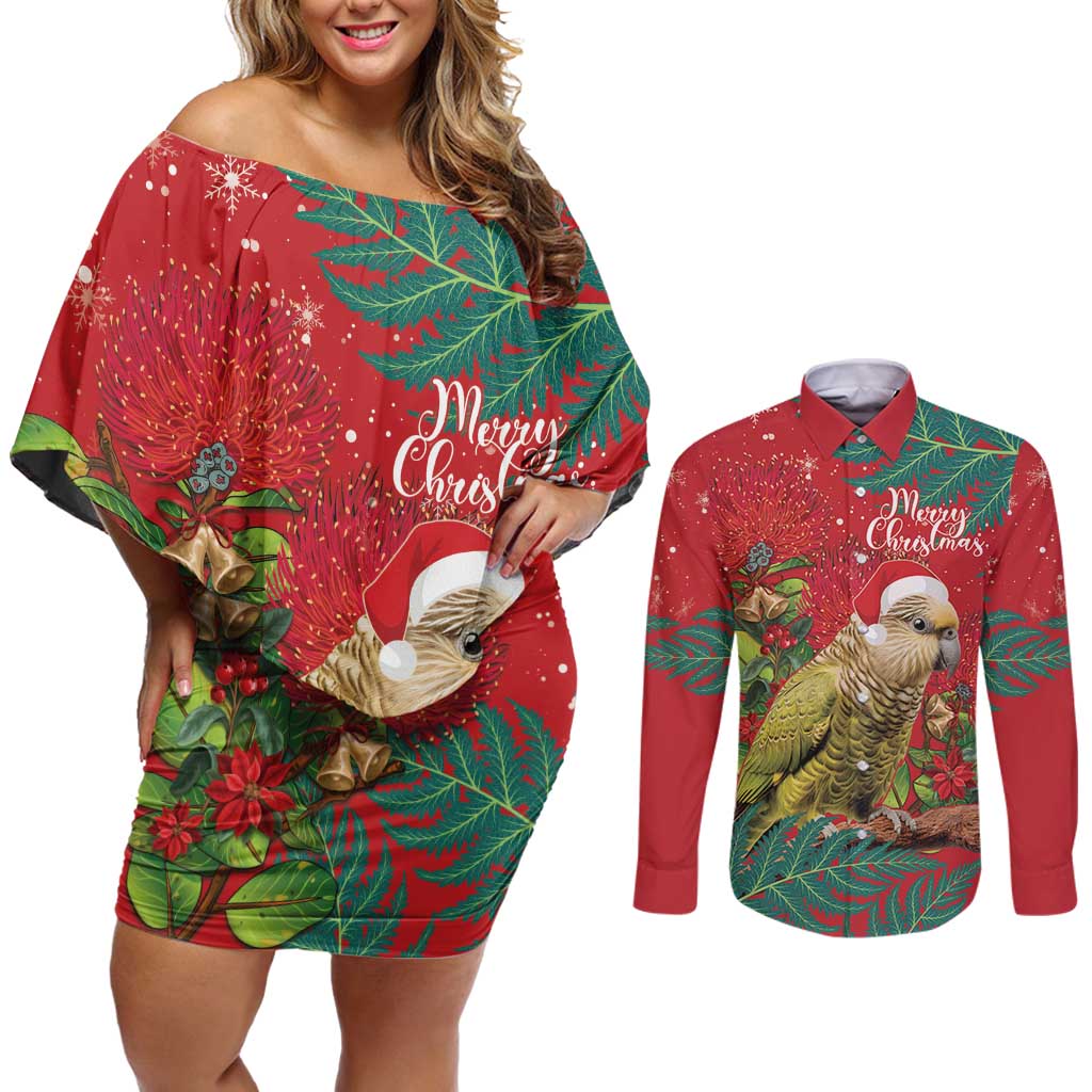 Personalised New Zealand Kakapo Christmas Couples Matching Off Shoulder Short Dress and Long Sleeve Button Shirt Meri Kirihimete Silver Fern Mix Pohutukawa