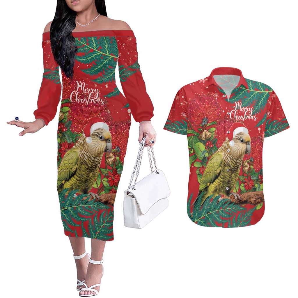 Personalised New Zealand Kakapo Christmas Couples Matching Off The Shoulder Long Sleeve Dress and Hawaiian Shirt Meri Kirihimete Silver Fern Mix Pohutukawa