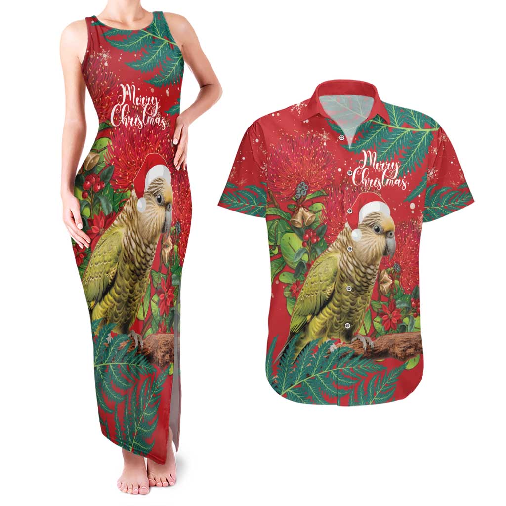 Personalised New Zealand Kakapo Christmas Couples Matching Tank Maxi Dress and Hawaiian Shirt Meri Kirihimete Silver Fern Mix Pohutukawa