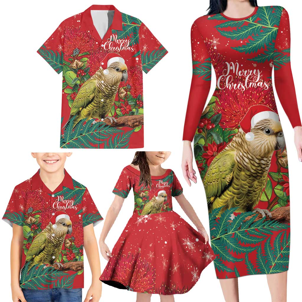 Personalised New Zealand Kakapo Christmas Family Matching Long Sleeve Bodycon Dress and Hawaiian Shirt Meri Kirihimete Silver Fern Mix Pohutukawa