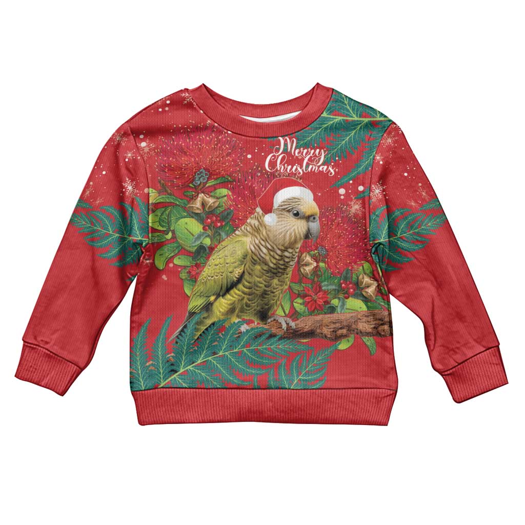 Personalised New Zealand Kakapo Christmas Kid Ugly Christmas Sweater Meri Kirihimete Silver Fern Mix Pohutukawa LT14 Kid Red - Polynesian Pride