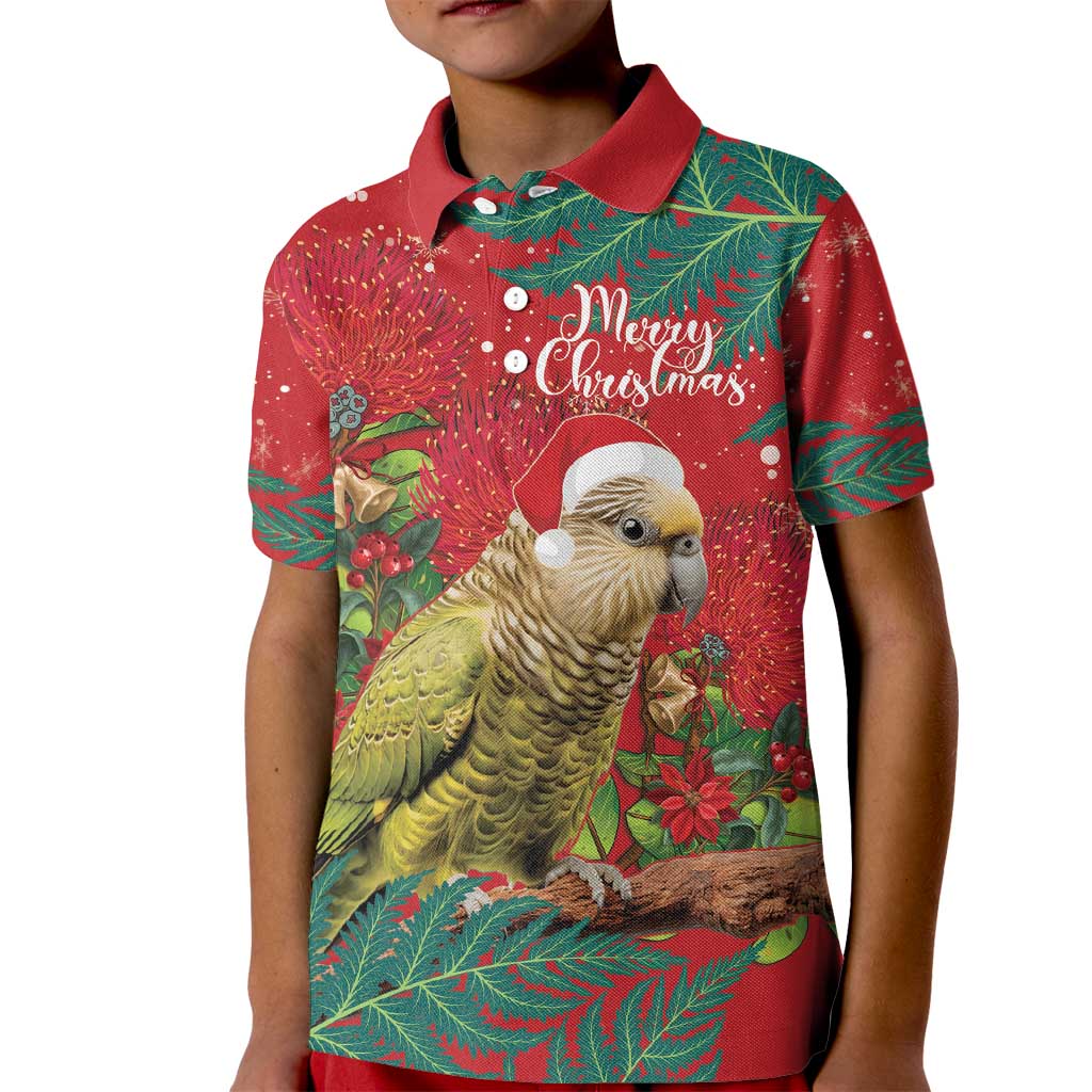 Personalised New Zealand Kakapo Christmas Kid Polo Shirt Meri Kirihimete Silver Fern Mix Pohutukawa