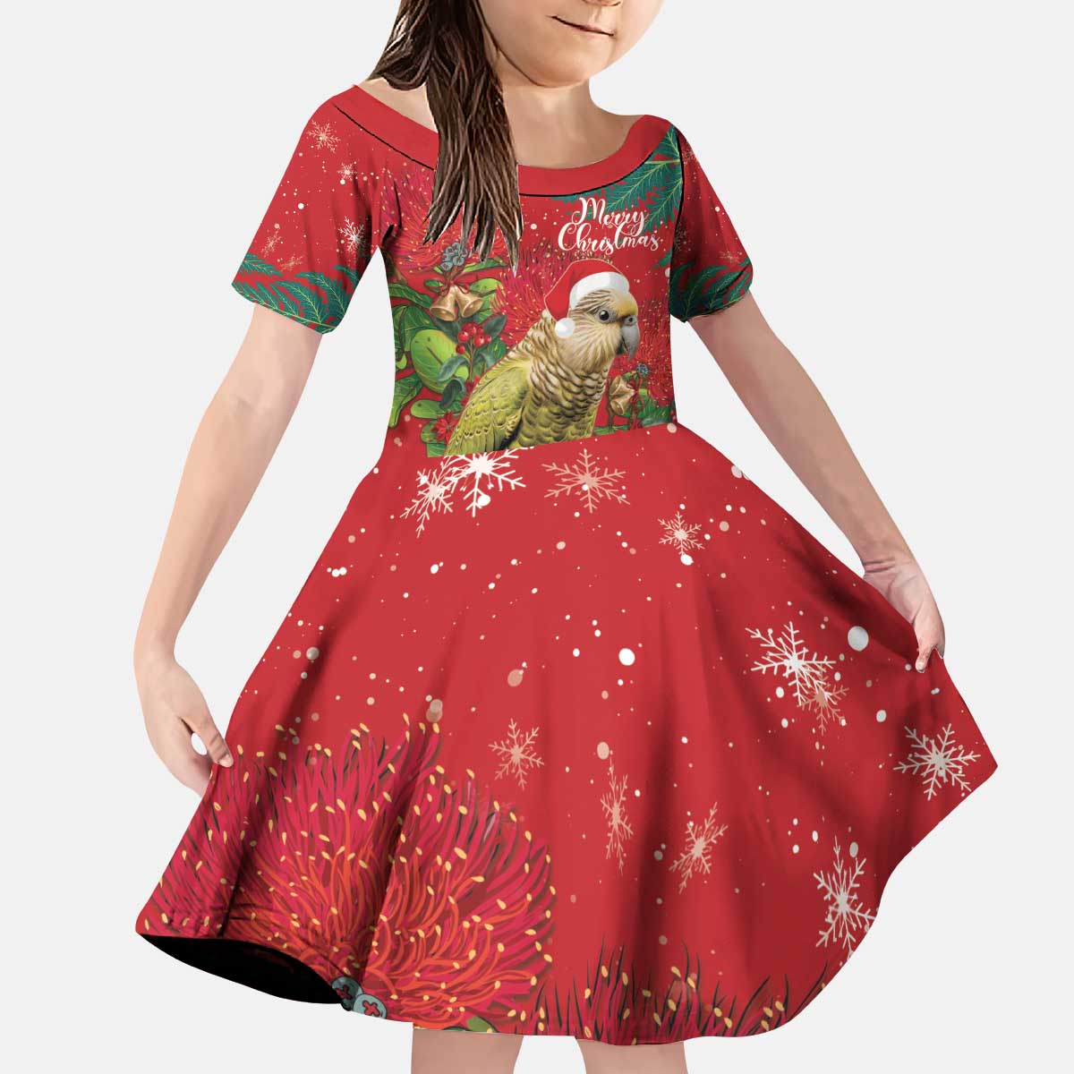 Personalised New Zealand Kakapo Christmas Kid Short Sleeve Dress Meri Kirihimete Silver Fern Mix Pohutukawa