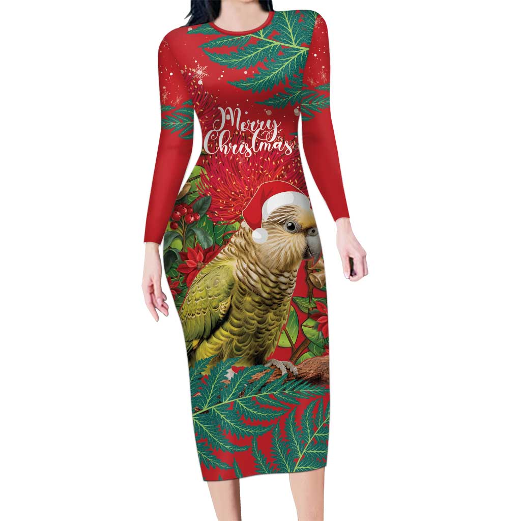 Personalised New Zealand Kakapo Christmas Long Sleeve Bodycon Dress Meri Kirihimete Silver Fern Mix Pohutukawa