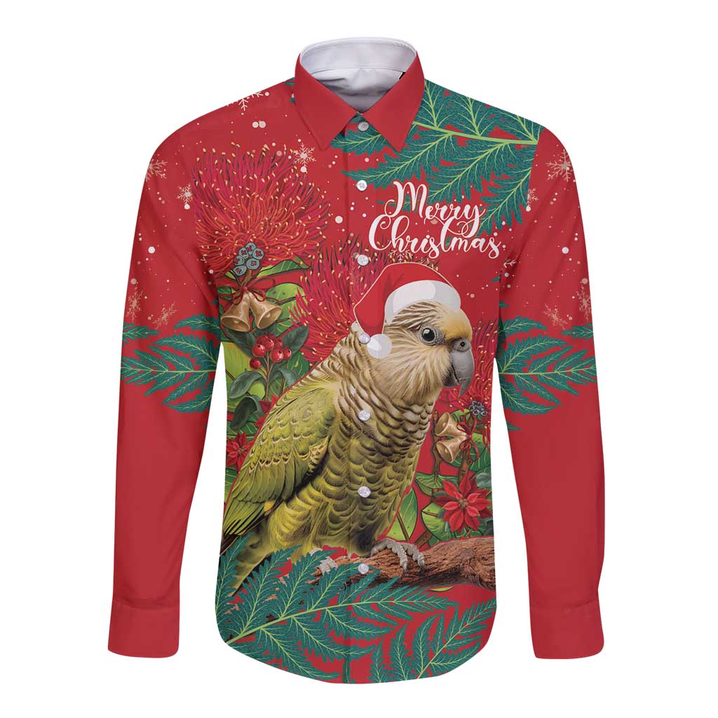 Personalised New Zealand Kakapo Christmas Long Sleeve Button Shirt Meri Kirihimete Silver Fern Mix Pohutukawa