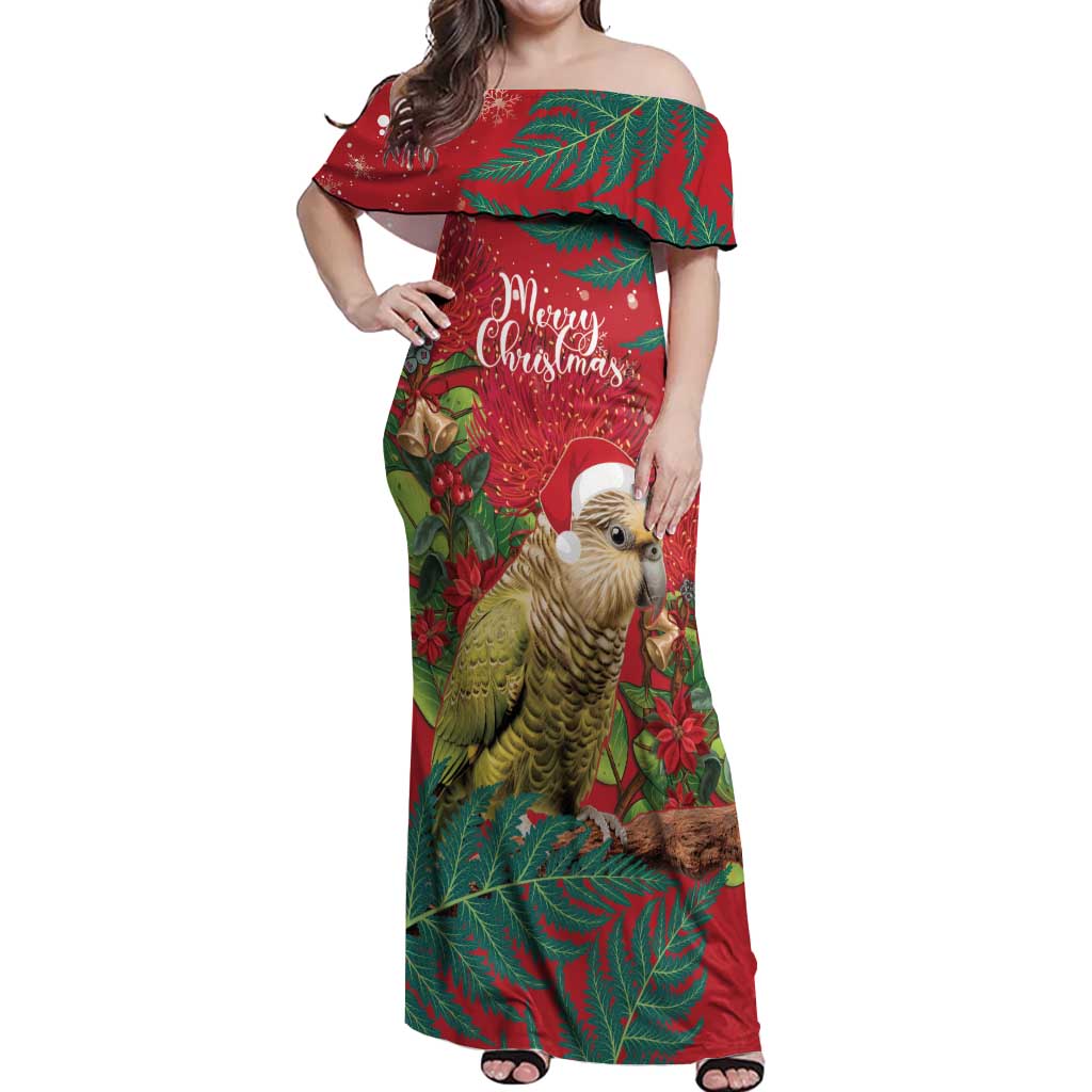 Personalised New Zealand Kakapo Christmas Off Shoulder Maxi Dress Meri Kirihimete Silver Fern Mix Pohutukawa