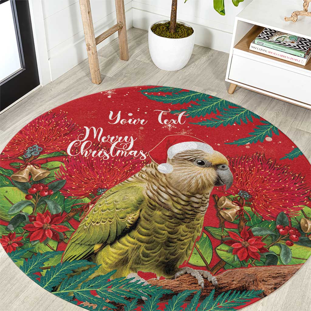 Personalised New Zealand Kakapo Christmas Round Carpet Meri Kirihimete Silver Fern Mix Pohutukawa