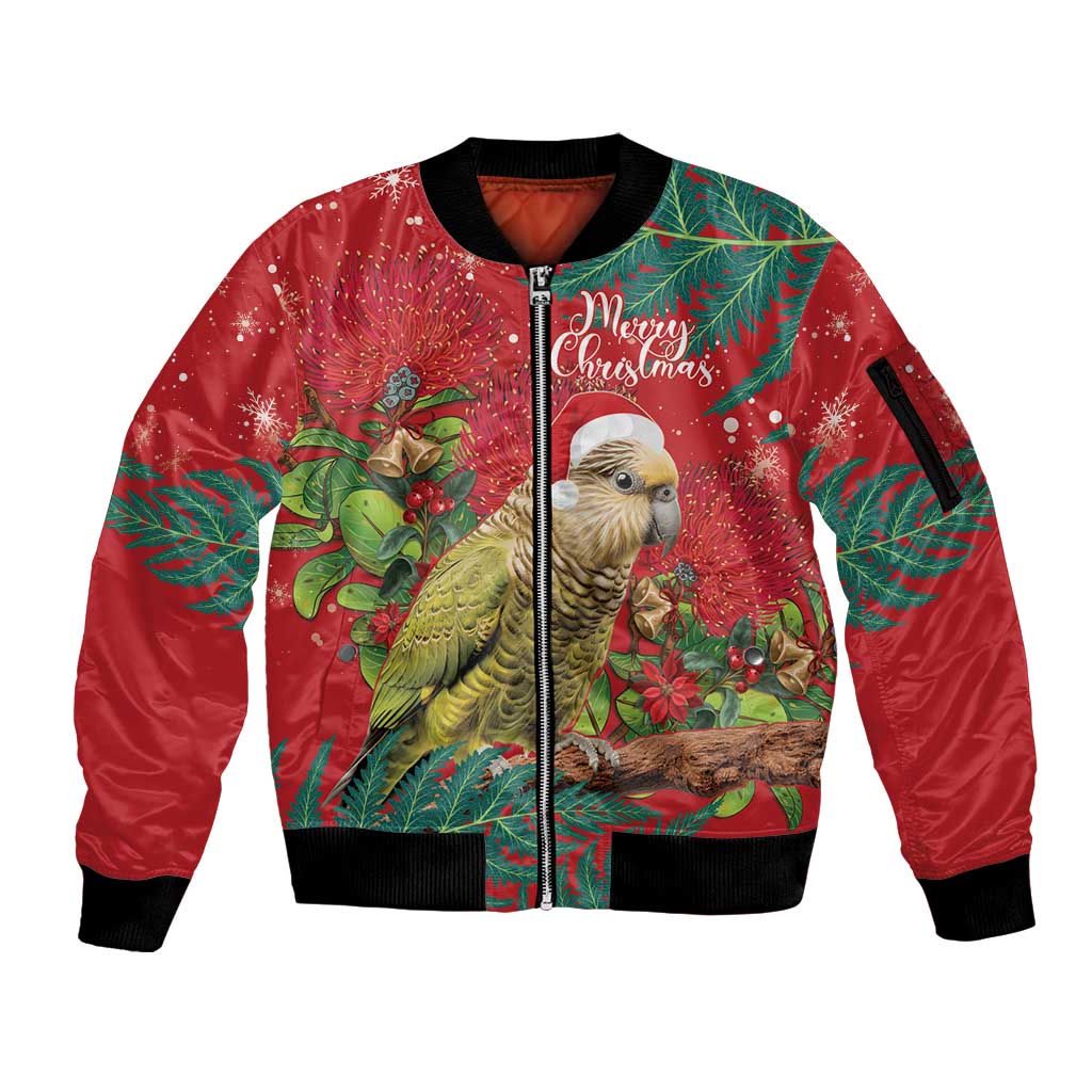 Personalised New Zealand Kakapo Christmas Sleeve Zip Bomber Jacket Meri Kirihimete Silver Fern Mix Pohutukawa