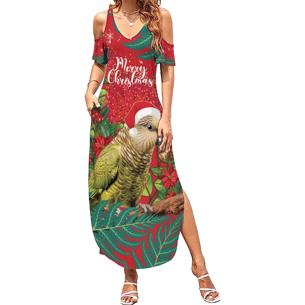 Personalised New Zealand Kakapo Christmas Summer Maxi Dress Meri Kirihimete Silver Fern Mix Pohutukawa