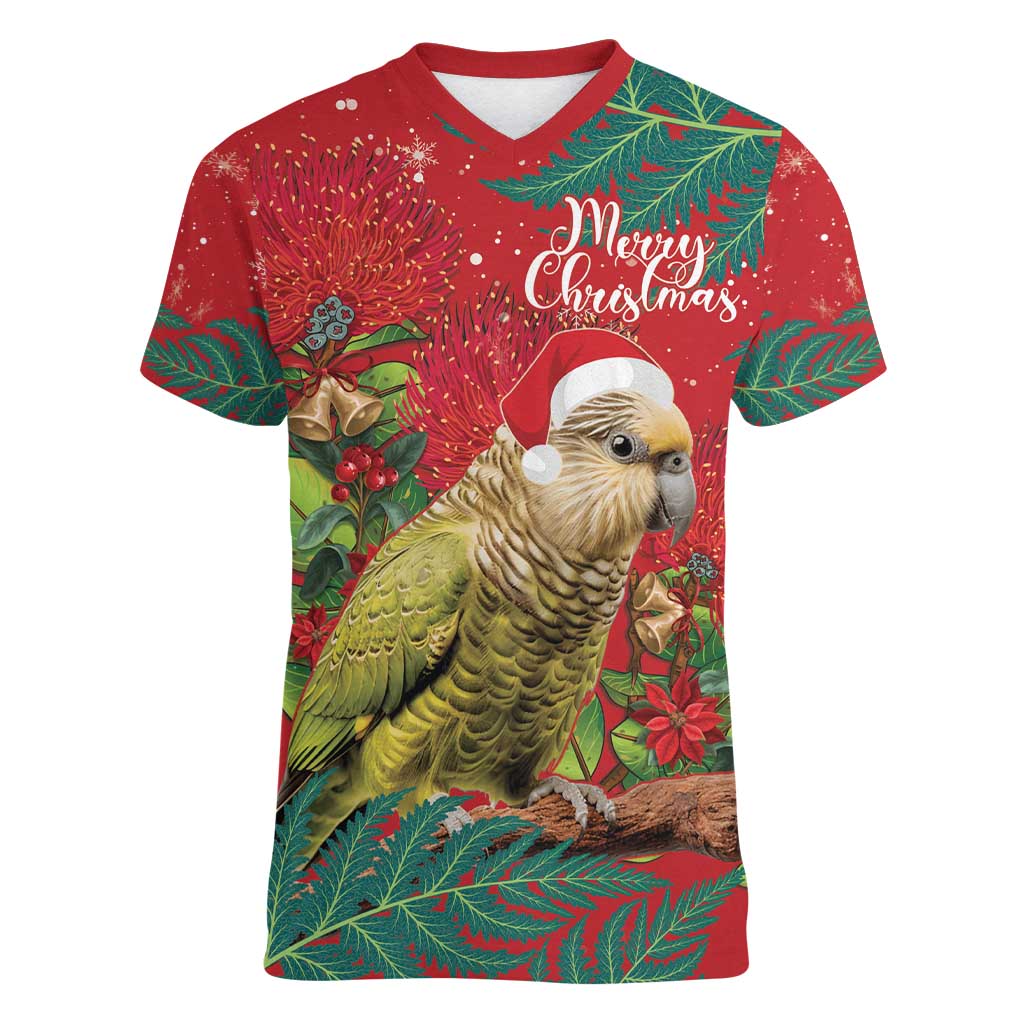 Personalised New Zealand Kakapo Christmas Women V-Neck T-Shirt Meri Kirihimete Silver Fern Mix Pohutukawa