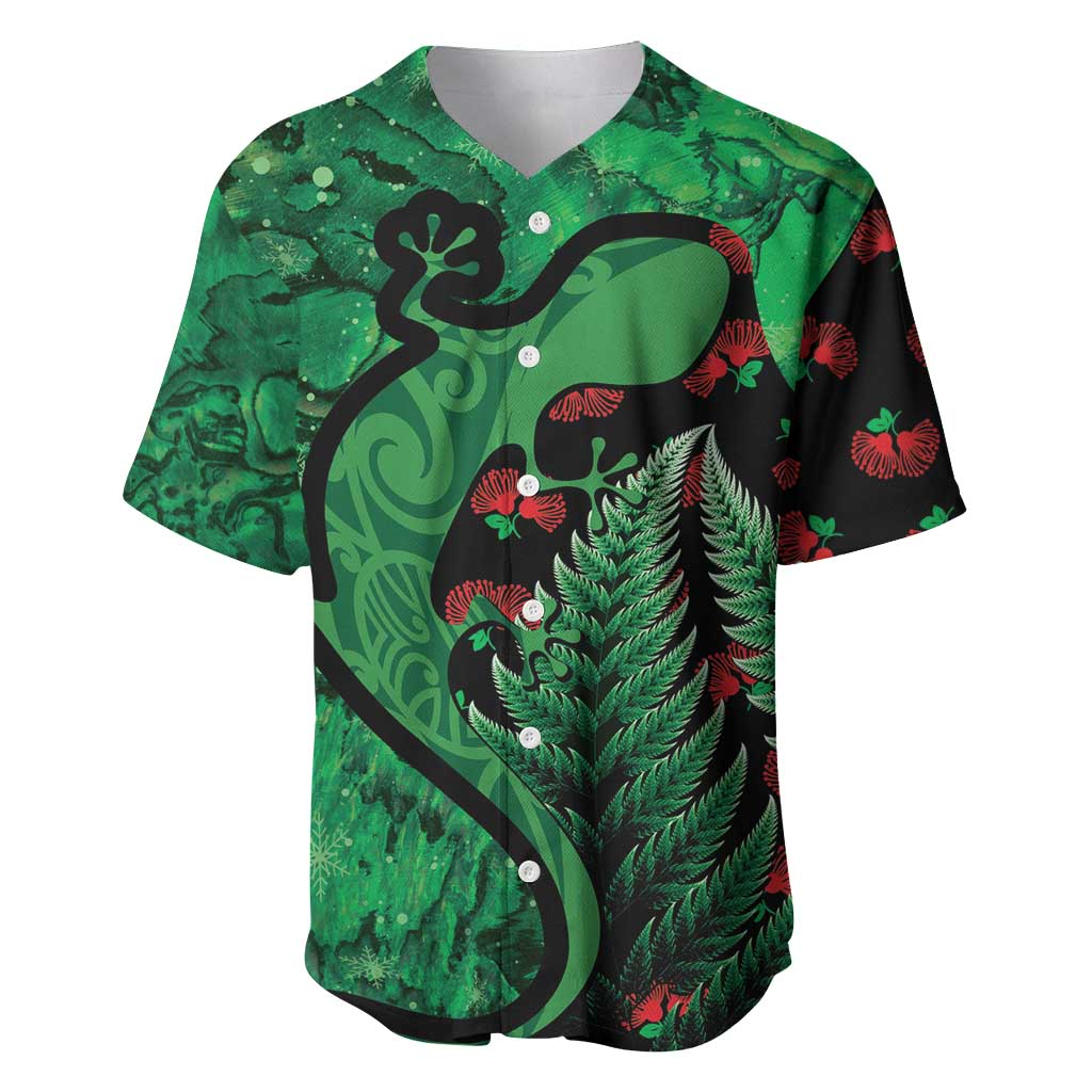New Zealand Gecko Christmas Baseball Jersey Meri Kirihimete Paua Shell Mix Pohutukawa LT14 Green - Polynesian Pride