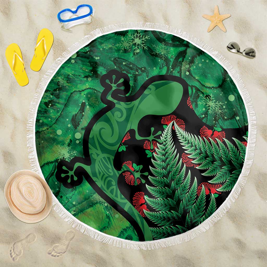 New Zealand Gecko Christmas Beach Blanket Meri Kirihimete Paua Shell Mix Pohutukawa LT14 One Size 150cm Green - Polynesian Pride