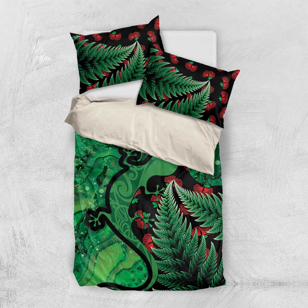 New Zealand Gecko Christmas Bedding Set Meri Kirihimete Paua Shell Mix Pohutukawa LT14 US Twin 172cm x 218cm Green - Polynesian Pride