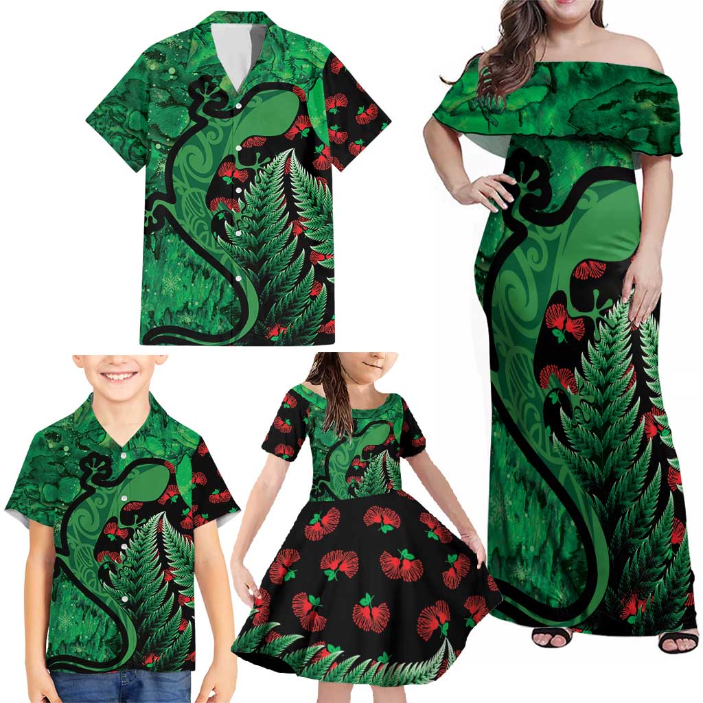 New Zealand Gecko Christmas Family Matching Off Shoulder Maxi Dress and Hawaiian Shirt Meri Kirihimete Paua Shell Mix Pohutukawa