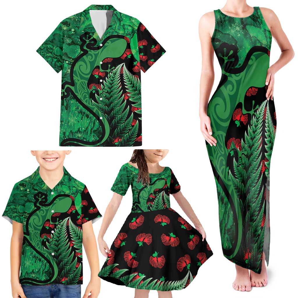 New Zealand Gecko Christmas Family Matching Tank Maxi Dress and Hawaiian Shirt Meri Kirihimete Paua Shell Mix Pohutukawa