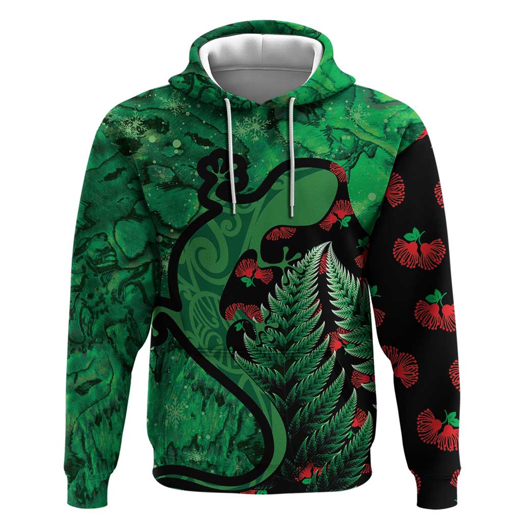 New Zealand Gecko Christmas Hoodie Meri Kirihimete Paua Shell Mix Pohutukawa LT14 Pullover Hoodie Green - Polynesian Pride