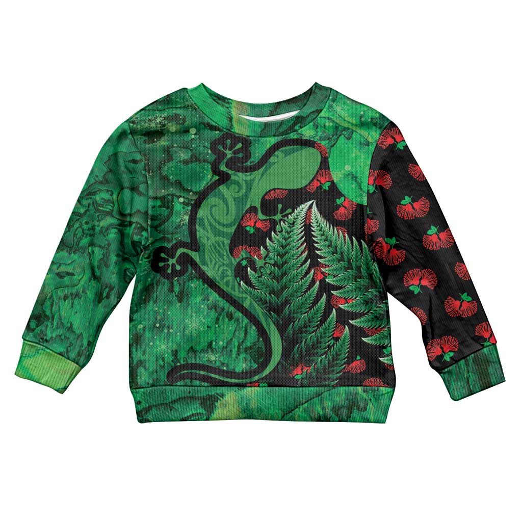New Zealand Gecko Christmas Kid Ugly Christmas Sweater Meri Kirihimete Paua Shell Mix Pohutukawa LT14 Kid Green - Polynesian Pride